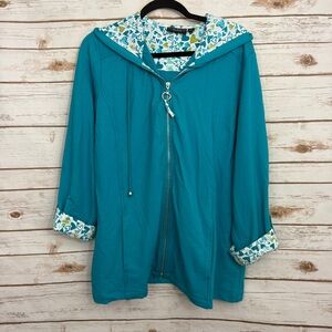 Susan Graver Teal Heart Zipper Front Hooded Sweatshirt Jacket